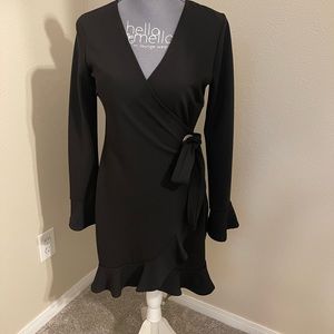 Blue Blush V-Neck Wrap Tie Dress w/Long Sleeve and Ruffle Details